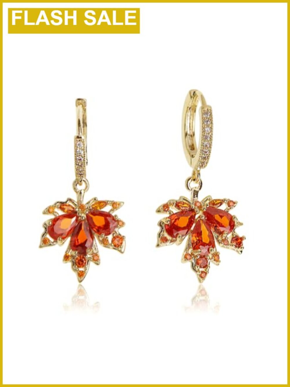 Gold Maple Leaf Hoop Earrings Stainless Steel Rhinestone Dangle
